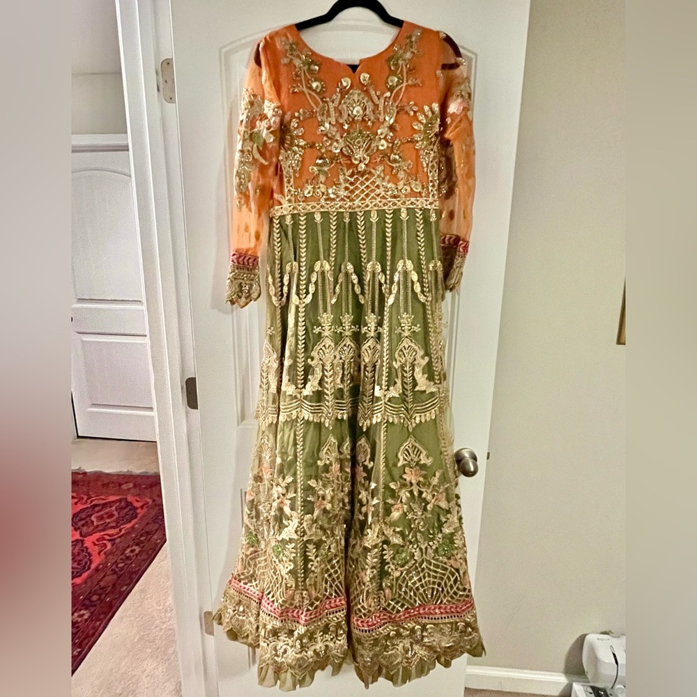 Gorgeous Orange and Green Embroidered Formal Outfit with Matching Dupatta